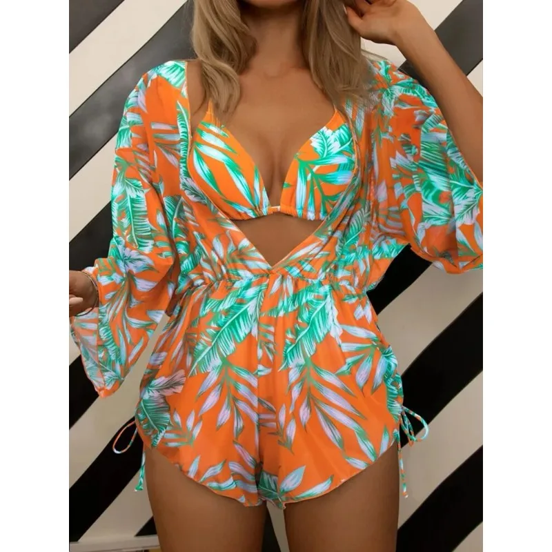 

New Summer Women Geometric Print 3 Pieces Swimsuit Drawstring Mesh Bodysuit+Micro Bikini Swimwear Push Up Bathing Suit Beachwear