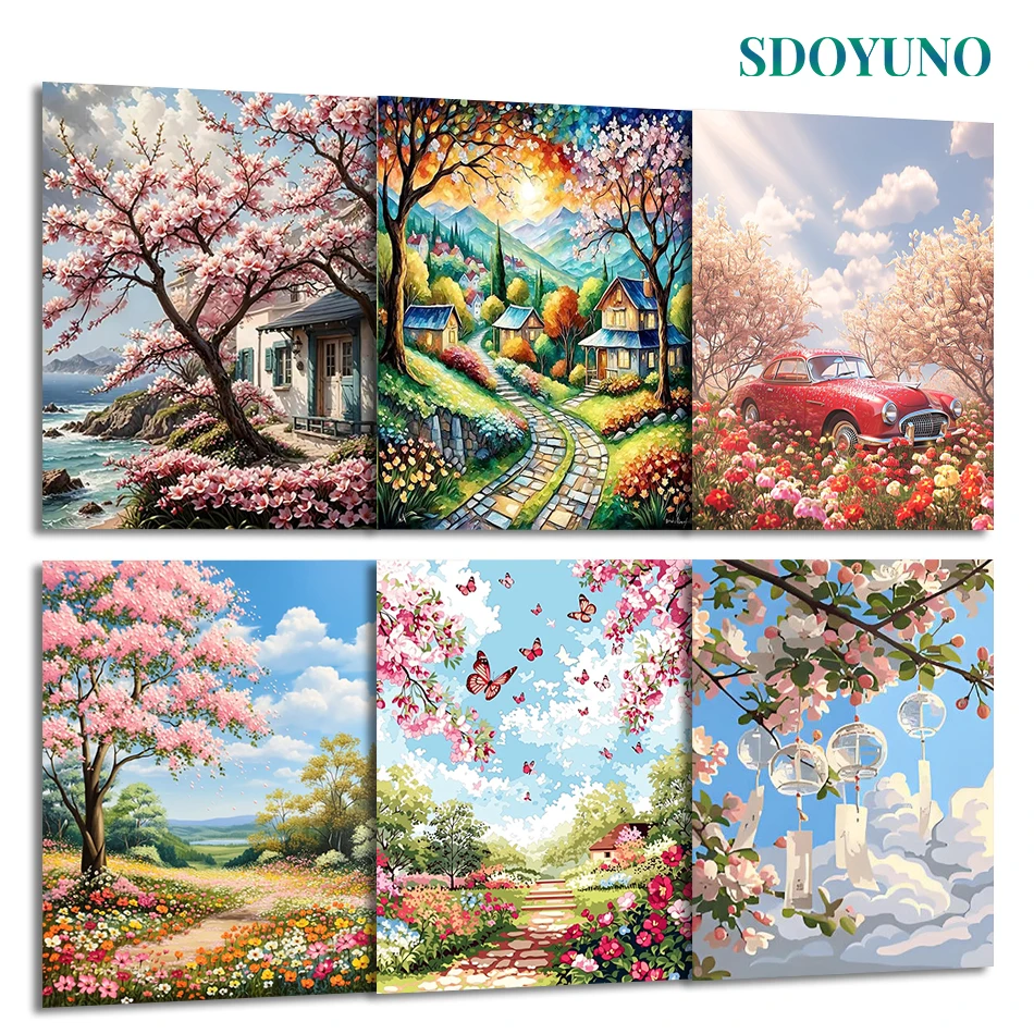 

SDOYUNO Painting By Number Adults New Diy Set Pink Tree Landscape Picture Frame Watercolor For Handiwork Acrylic Paints Wall Art