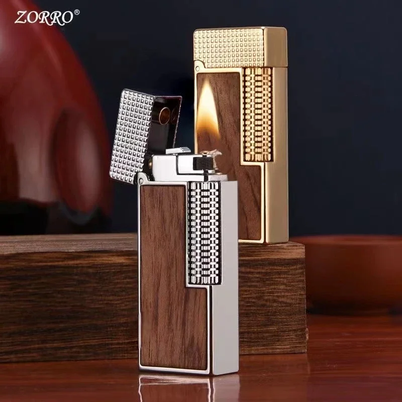 ZORRO Metal Narrow Edition Side Pulley Ignite Open Fire Kerosene Lighter Large Capacity Oil Bin Leather Yellow Pear Wood Process