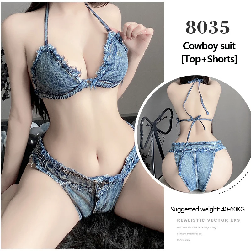 Erotic Denim Women\'s Underwear Fetish Low-Waisted Crotehless Pants Cowboy Style Lingerie 18+ Porn Ripped Denim Nightclub Costume