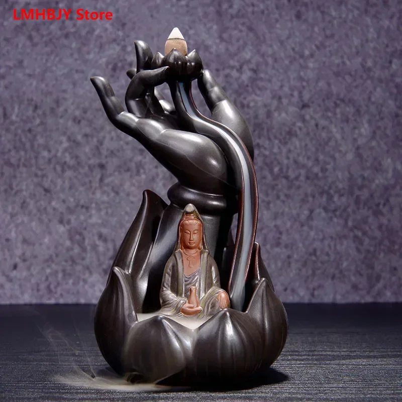 

LMHBJY Purple Ceramic Sand Creative Backflow Incense Stove Buddha Hand Tathagata Guanyin Decoration Zen Art Fragrance Stove