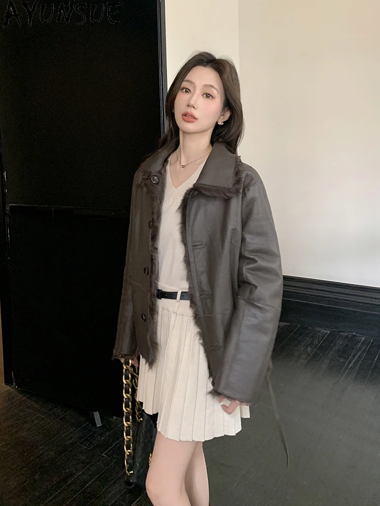 AYUNSUE 2025 신상 양면 시어링 재킷 여성 숏 럭셔리 천연 양털 재킷 여성 의류 겨울 여성복