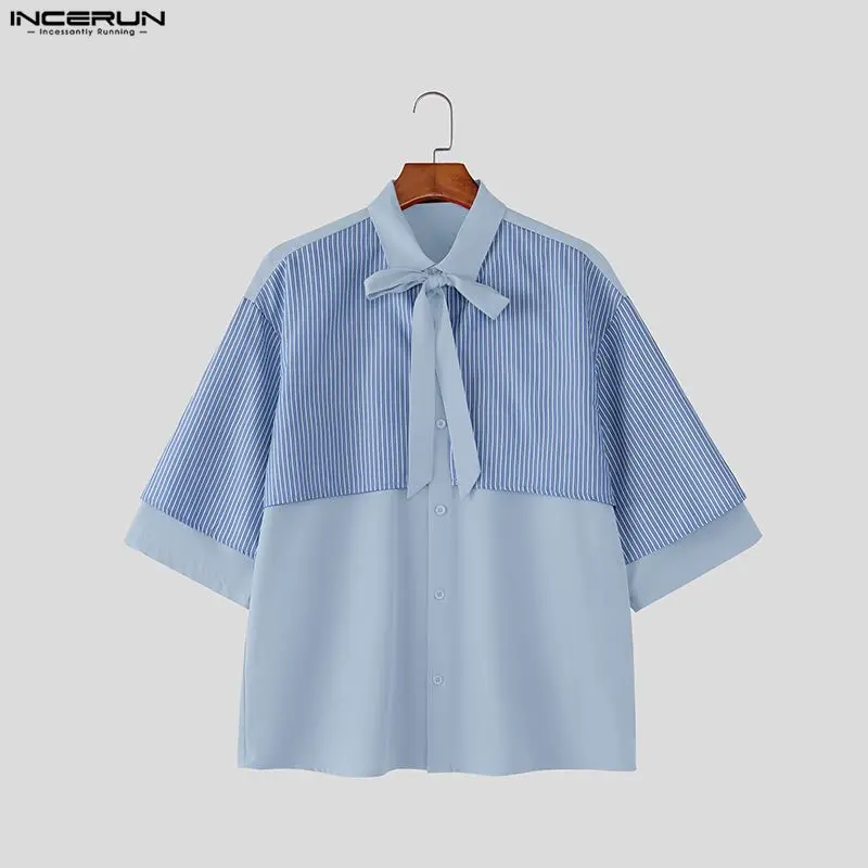 

INCERUN Men Shirt Striped Patchwork Lapel Half Sleeve Men Clothing Summer Streetwear Tie Up 2026 Loose Fashion Casual Tops S-5XL