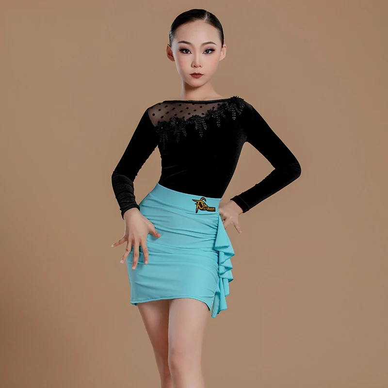 

Fashion Girls Latin Dance Clothing Children'S Performance Ballroom Dance Costume Black Dancing Top Blue Ruffled Skirts SL11247