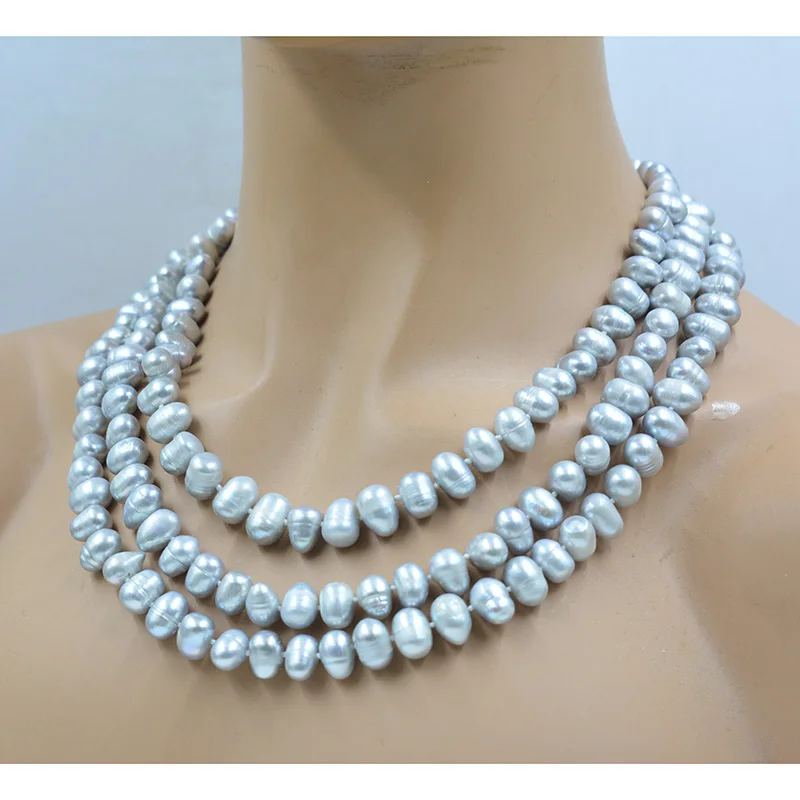 9-10MM 3 rows of natural gray potato shape freshwater cultured pearl necklace. Glamour Women Party Banquet Jewelry