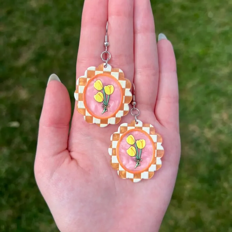 Creative Yellow Tulip Embossed Acrylic Hook Earrings 6 Style Printed Acrylic Pendant Handmade DIY Jewelry Earrings Ornaments