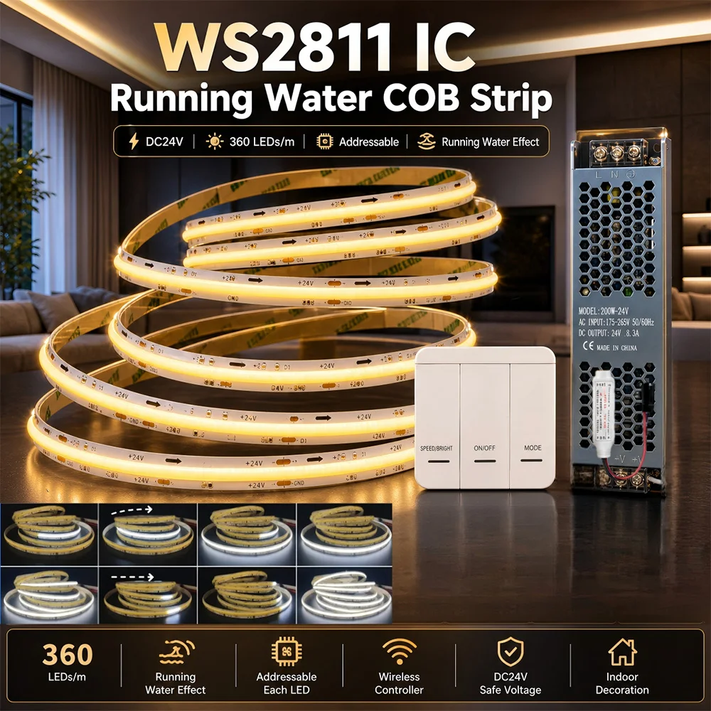 cob 5m 10m DC24V WS2811 COB LED Strip 360LEDs/m Addressable Running Water Flowing Light Kit Wireless Controller Power Supply