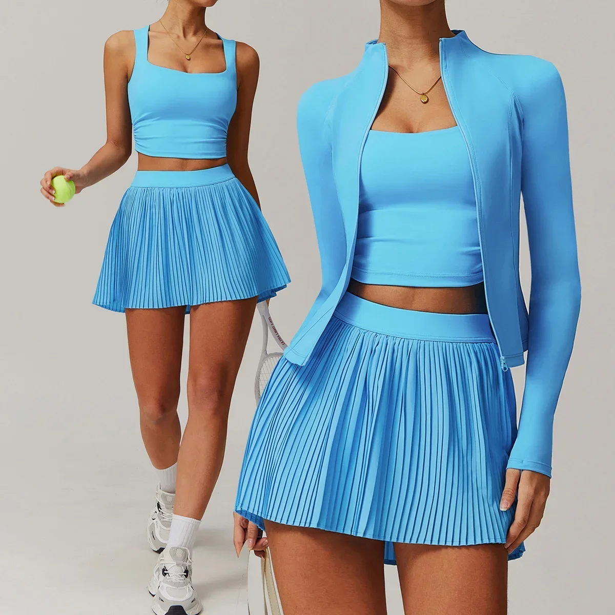 

Новый комплект для йоги из 1/2/3 предметов, женский спортивный комплект для бега на открытом воздухе, тренажерный зал, теннисный костюм, тонкая эластичная плиссированная юбка для гольфа и фитнеса, солнцезащитная одежда