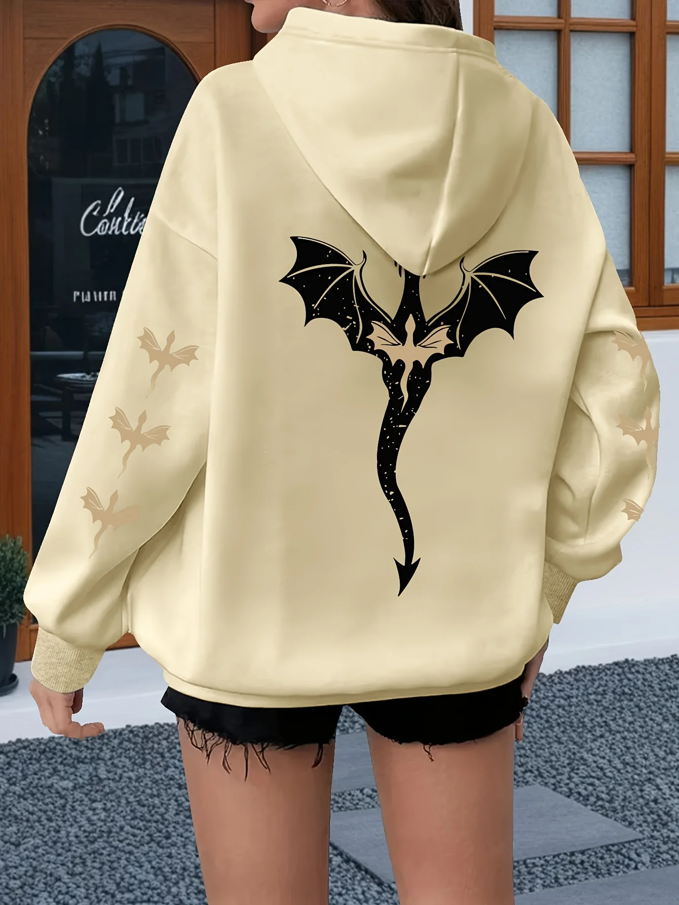 [Толстовка с рисунком дракона] Удобная женская толстовка с рисунком дракона больших размеров — повседневный пуловер с длинными рукавами и карманом-кенгуру,