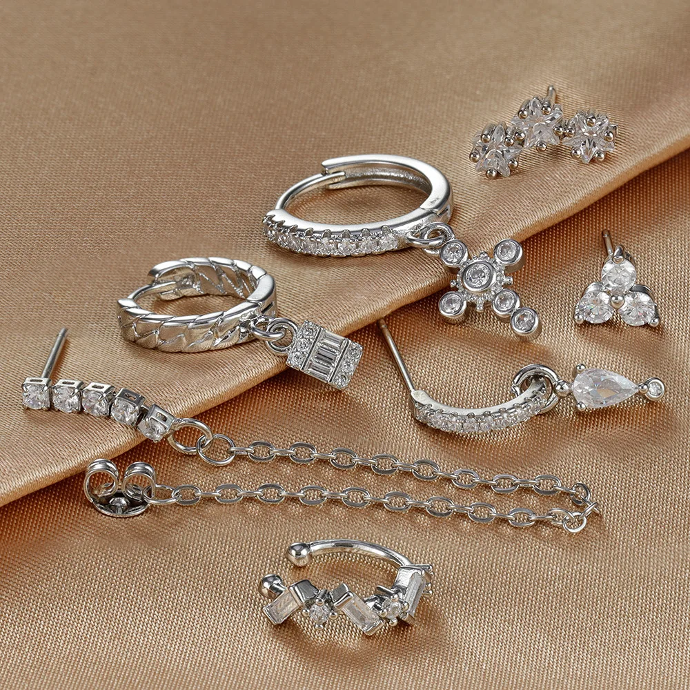 7PCS Stainless Steel Star Cross Chain Hoop Earrings Set For Women Cubic Zirconia Punk Pendant Cartilage Earring Piercing Jewelry