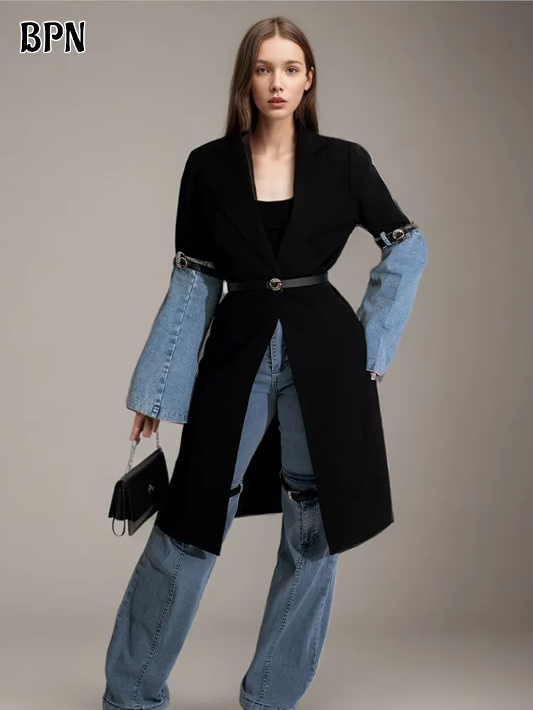 BPN Fashion Patchwork Denim Trench For Women Lapel Long Sleeve Patchwork Belts Hit Color Casual Windbreakers Female Clothing New