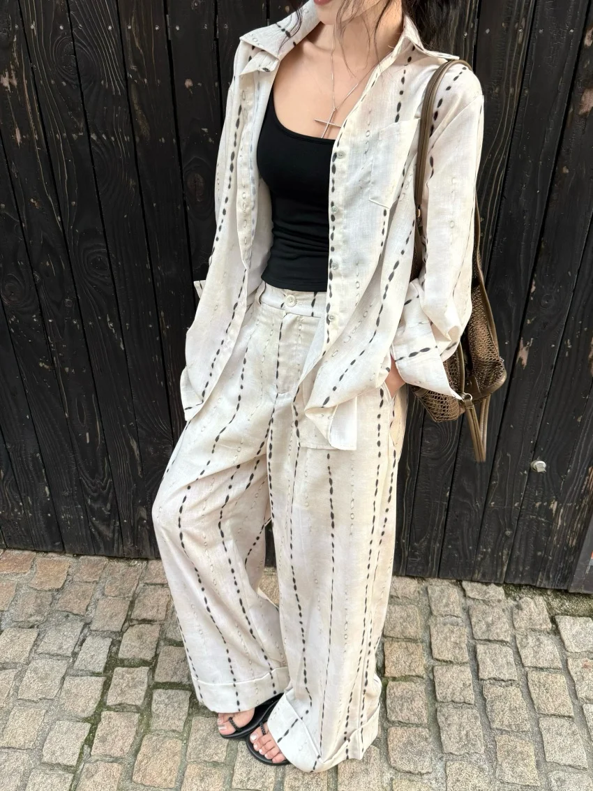 Alien Kitty Casual Loose Sets Women Sunscreen Printed Summer Full Sleeve Shirts Office Lady Chic New Gentle Wide Leg Pants