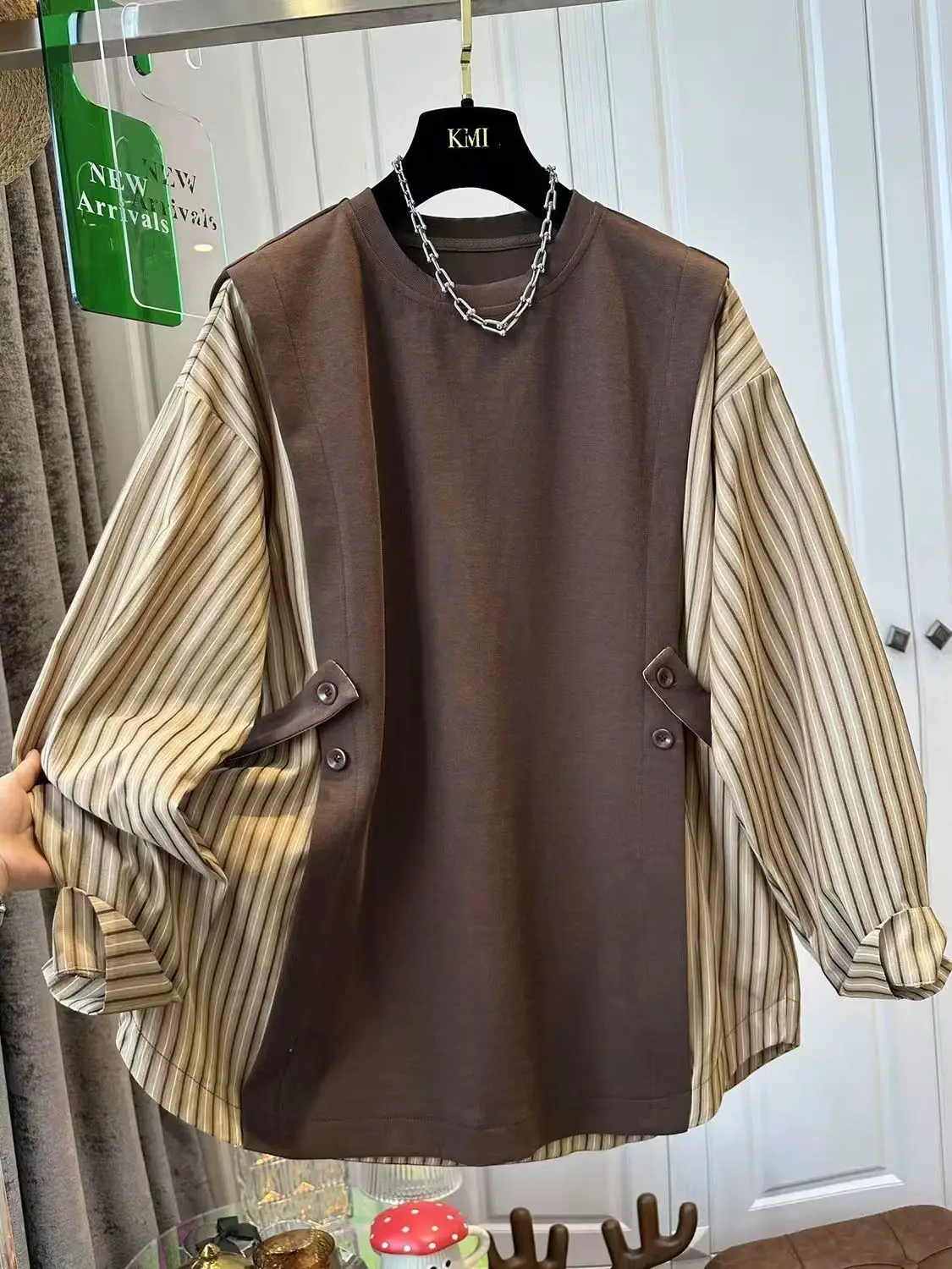 سترة ربيعية مزيفة مكونة من قطعتين بغطاء للرأس مخططة مرقعة ملابس نسائية موضة غير رسمية كبيرة الحجم سترة Ropa Mujer متباينة Y2k #2