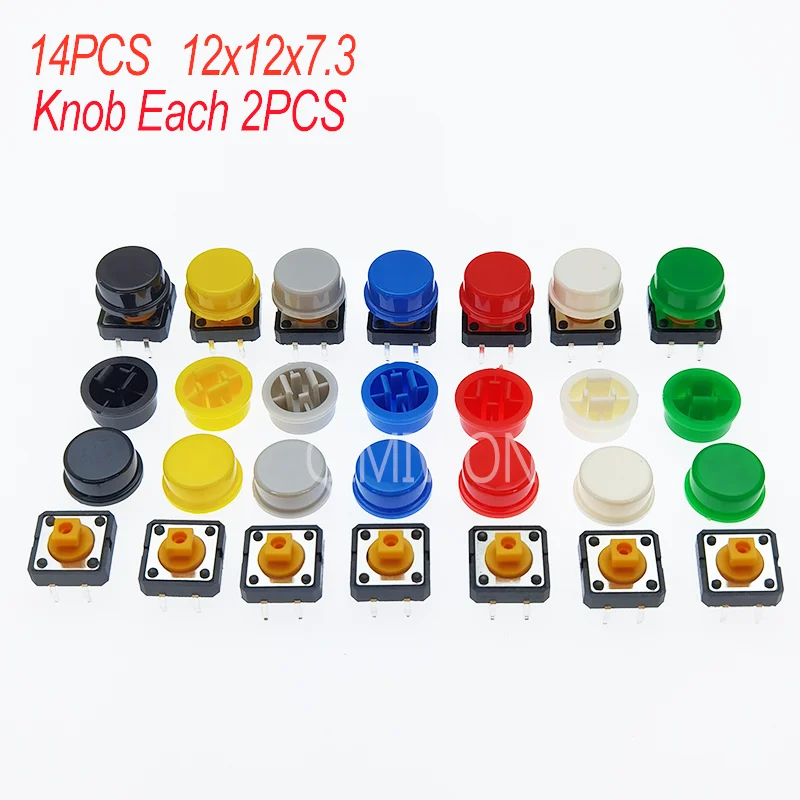 20PCS Tactile Push Button Switch Momentary 12*12*7.3MM Micro switch button with knob Yellow Green Red Kit 12x12x7.3