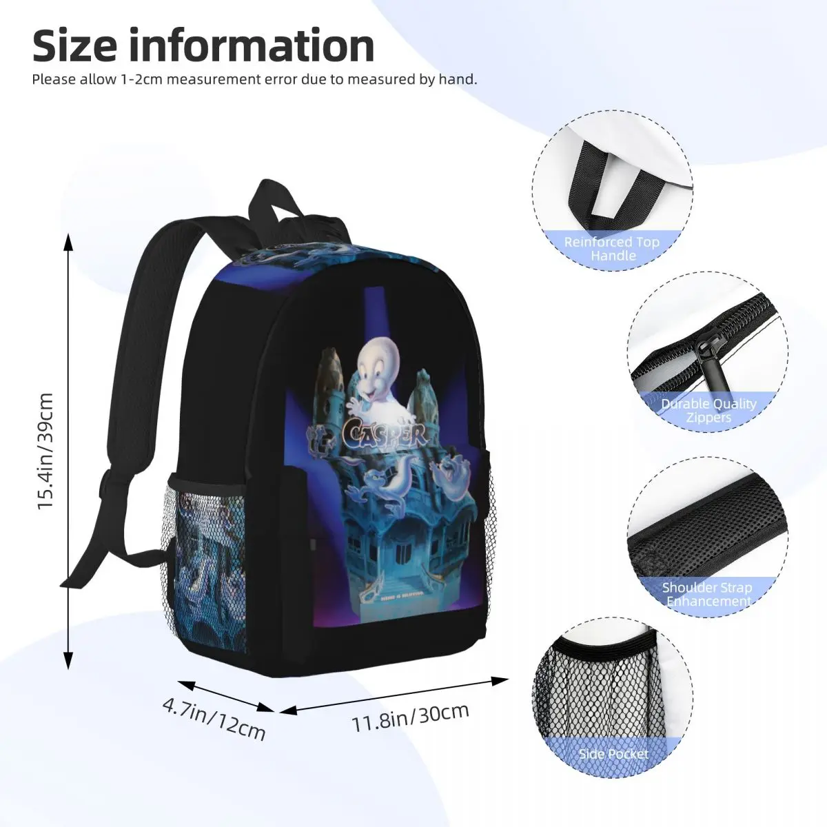 The Friendly Ghost Casper Backpack Daypack Large Capacity Boys Girls BookBag Shoulder Bags for Men Women Children School Bag
