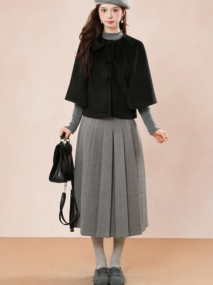 Coquette Japanese Fashion 3 Piece Set Women Frill Cape High Waist Pleated Midi Skirt Bowknot Blouse Cute Kawaii Harajuku Outfit