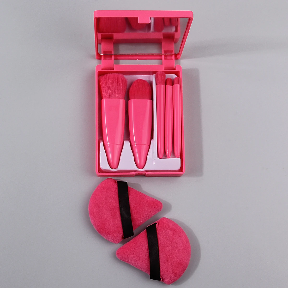 5 pçs caixa de espelho de armazenamento portátil conjunto de escova de maquiagem, escova de contração de cerdas macias, pincel de sombra + 2 pçs esponja maquiagem em pó puff