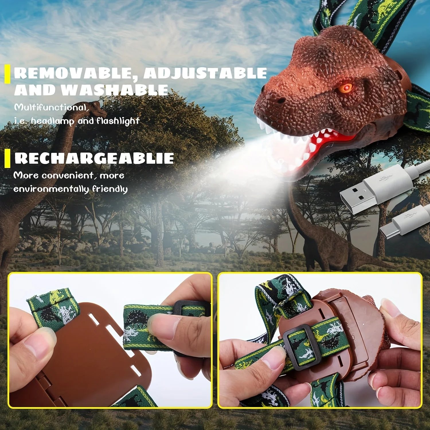 USB recarregável Camping Dinosaur Farol, Outdoor Montanhismo Night Light, 90 ° Rotação, Melhor Aniversário e Presente de Natal, 1Pc