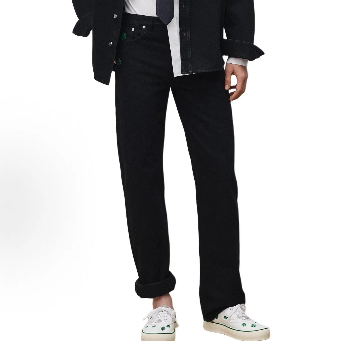 

Adam Cotton Twill Four-leaf Clover Embroidery Jeans Casual Straight Leg Pants for Men And Women Couples Natural Waist Button Fly