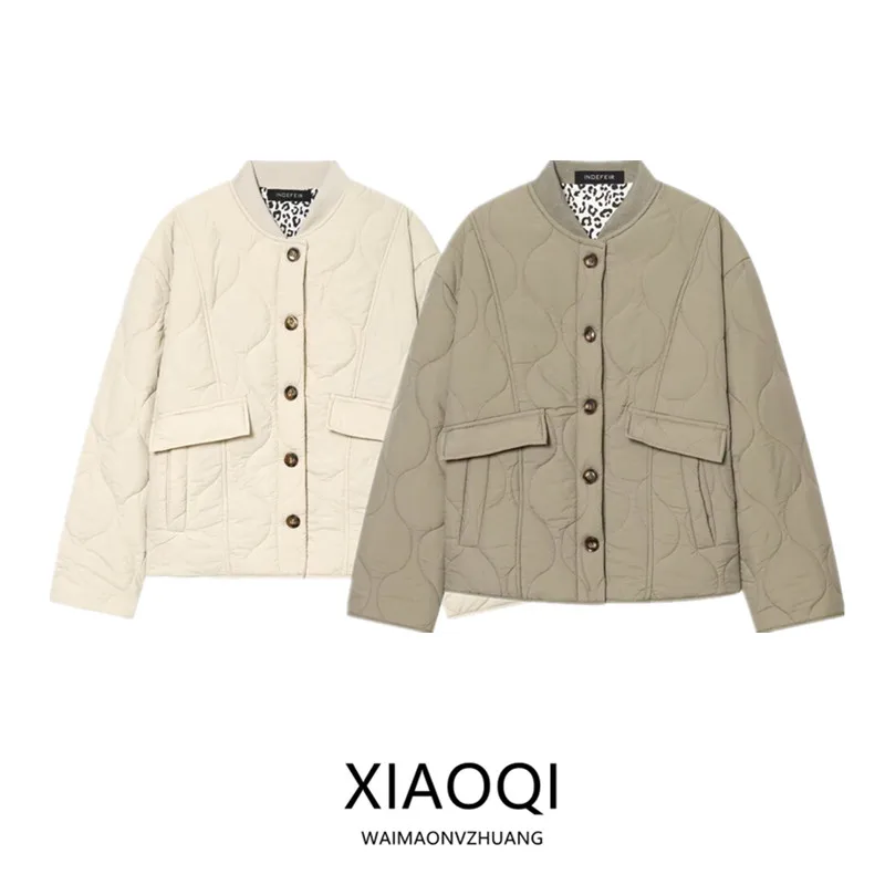 

Winter 2025 Women's Loose Fit Stand Collar Leopard Print Bunting Cotton Jaet Versatile Outerwear Long Sve Commute Sle