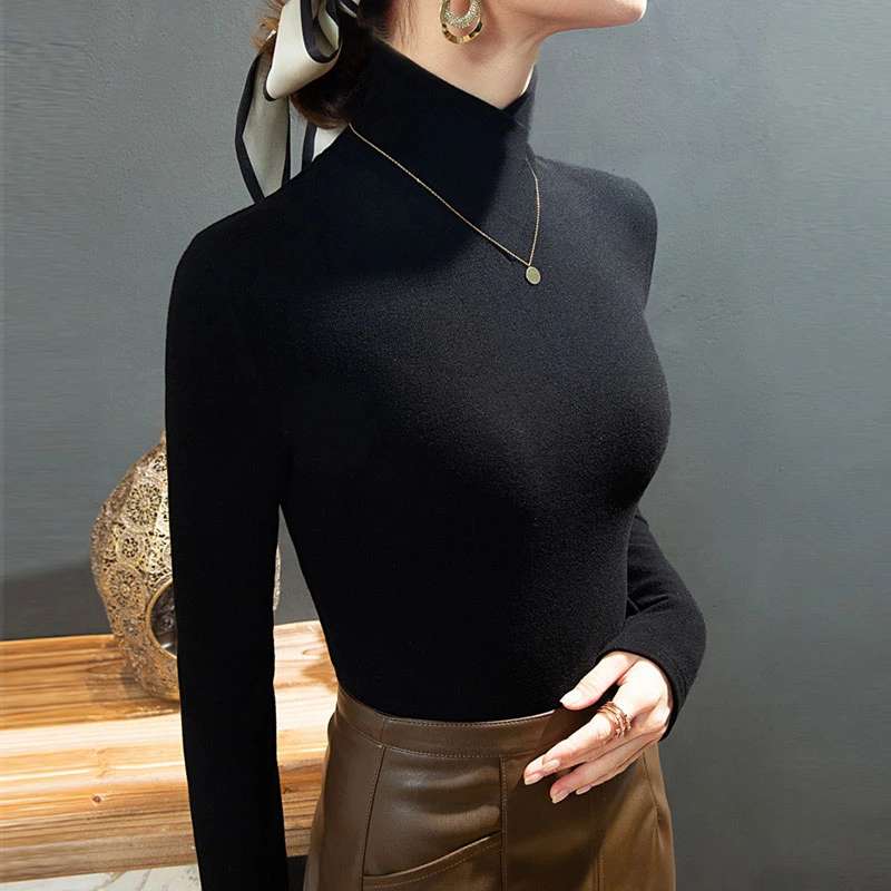 

Autumn Winter T Shirt Fleece Fabric Turtleneck Bottoming Tee Shirt Korean Simple Casual Tops Long Sleeve T-shirt Keep Warm