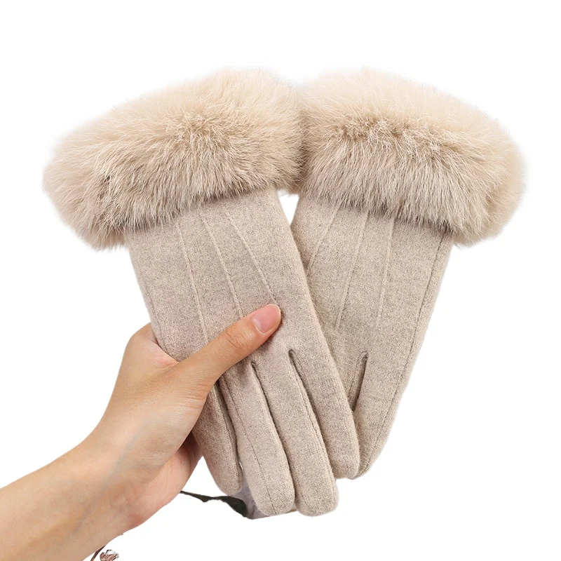 

Finger logo 100% wool plain weave winter warm touch screen wool cashmere lined gloves