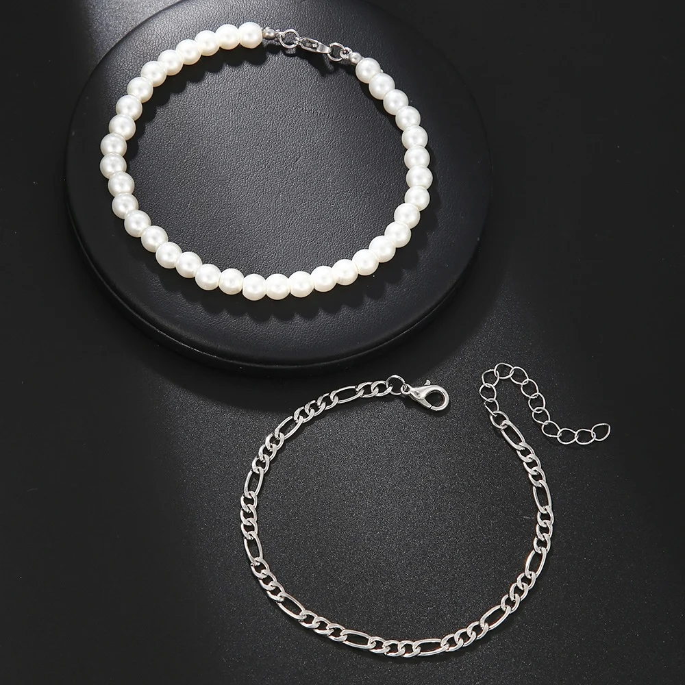 Simple Double Layer Pearl Men Bracelet Silver Color Alloy Figaro Bracelet Fashion Jewelry Trend Accessories Gift