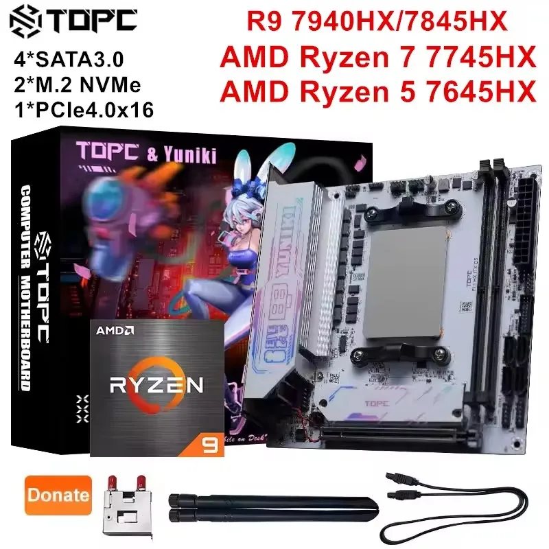Placa base para juegos TOPC AMD Ryzen 9 7940HX 7845HX R7 7745HX R5 7645HX 2 * M.2 NVMe 2 * DDR5 4 * SATA 2,5G LAN para NAS Mini PC WiFi6E