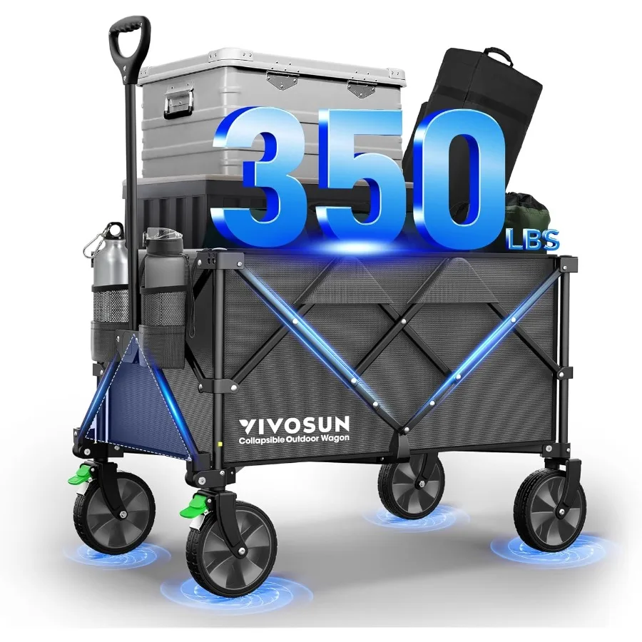 

Collapsible Folding Wagon 350 lb Load-Bearing Outdoor Utility Cart with Silent Universal Wheels Cup Holders Side Pockets Adjust