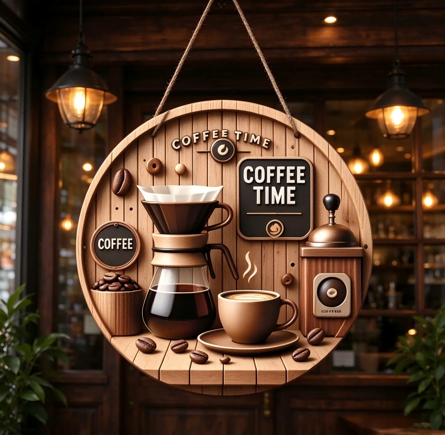 Vintage Kaffeestunden-Wandschild, 3D Holzmaserung Kaffeemaschinen-Dekor, Retro-Küchen-Café-Hängeplakette, Heim-Bar-Kunstgeschenk – Detail 5