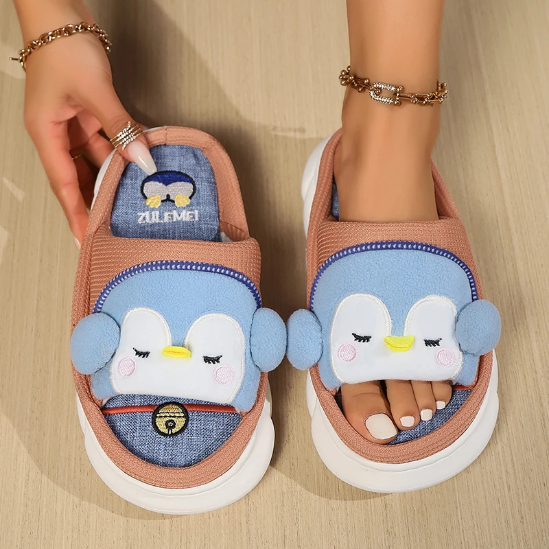 Linen Casual Platform Slippers Women Home Cartoon Penguin Cute Designer Shoes Girls 2024 Fashion House Slipper Flats Large Size