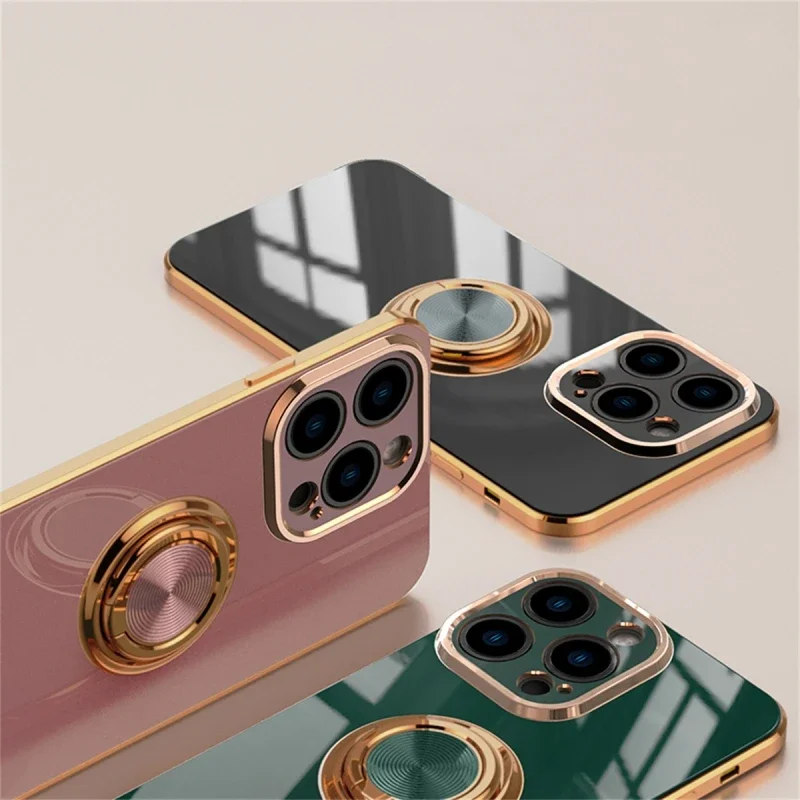 Luxury Plating Silicone Case For iPhone 16 15 14 13 12 11 Pro Xs Max Mini SE XR 8 Metal Ring Holder Stand Shockproof Soft Cover