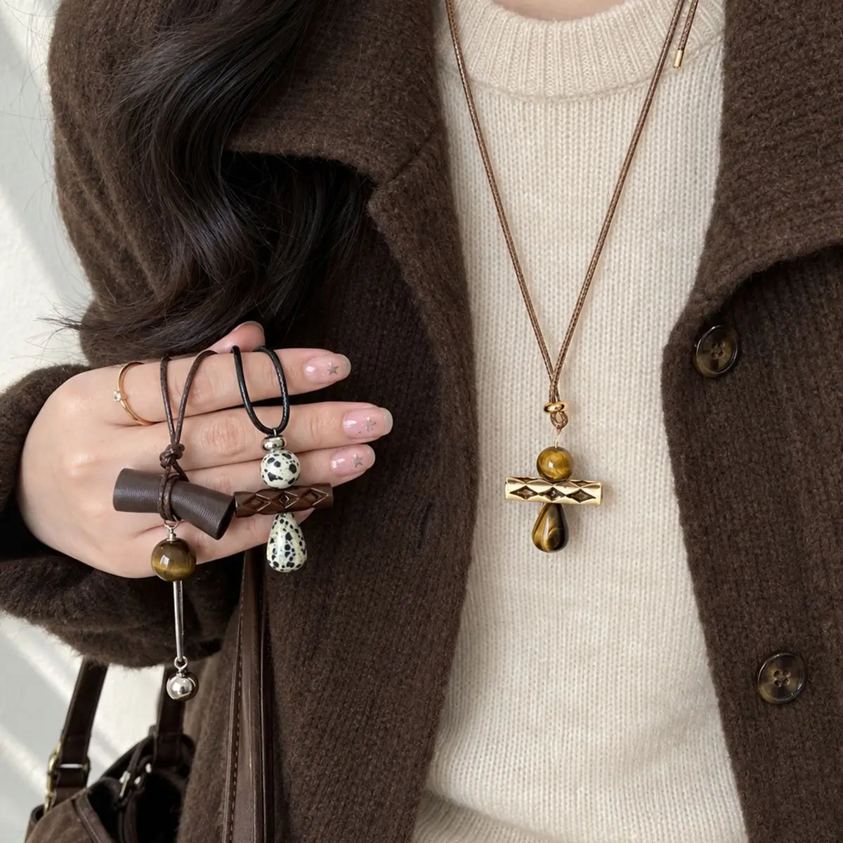 Necklace Brown Wood Stone Leather Cord Adjustable Long Sweater Chain New Chinese Retro Layered Women Daily Party Lightweight