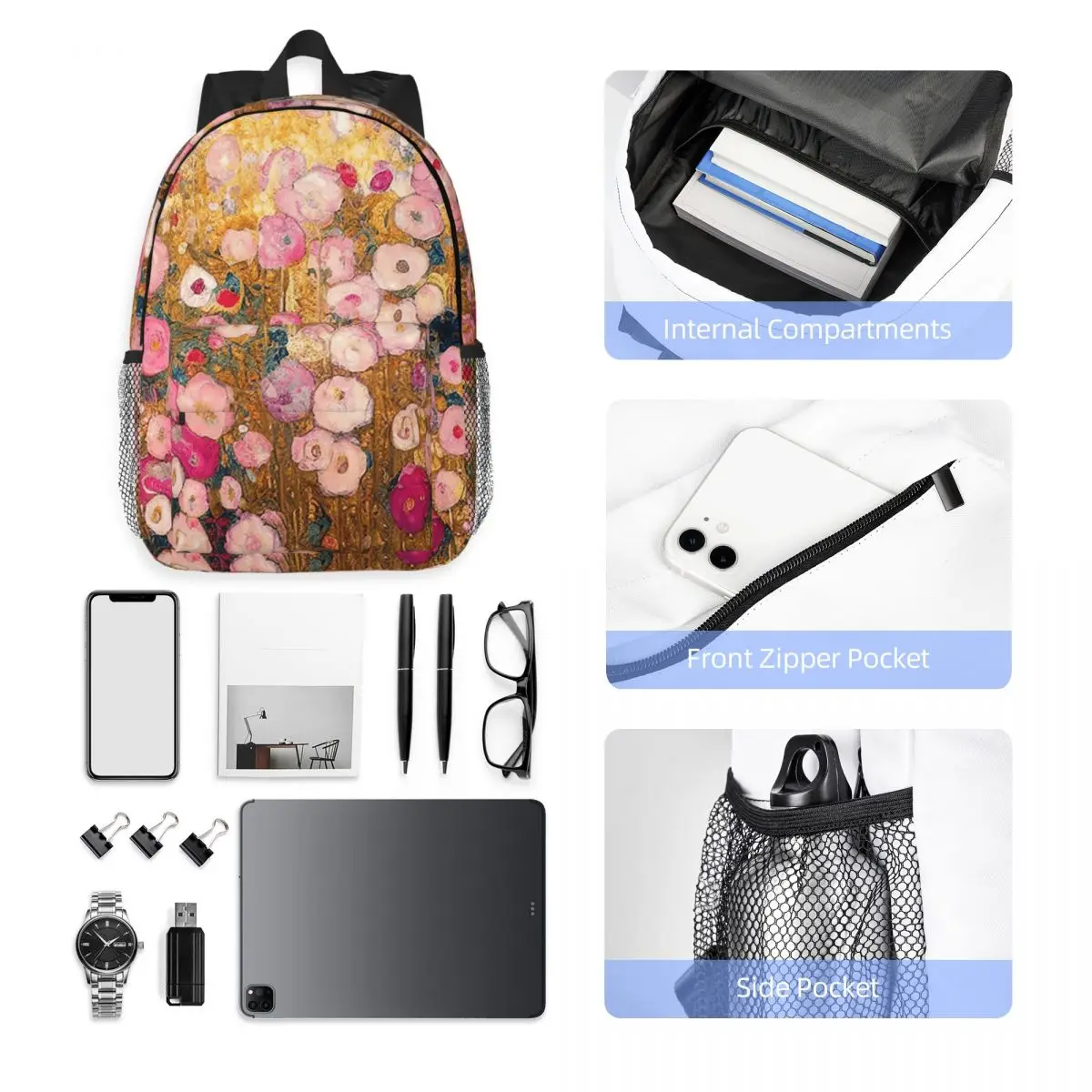 Gustav Klimt Pink Flower Garden Backpack Hot Sale Daypack Large Capacity Boys Girls BookBag Shoulder Bags Men Women School Bag