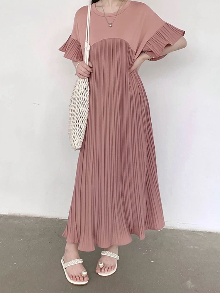 NYFS 2025 الكورية نمط المرأة الصيف فضفاض حجم كبير للطي الربط قصيرة الأكمام فستان طويل رداء Elbise