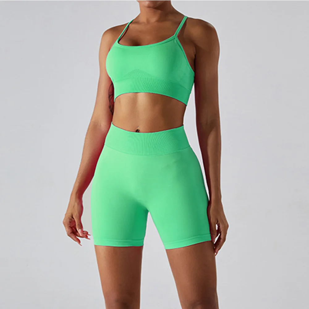 Yoga Set Women Seamless Workout Sets 2 Pieces Gym Suits Ribbed Crop Tank High Waist Shorts Outfits Fitness Running Athletic Wear