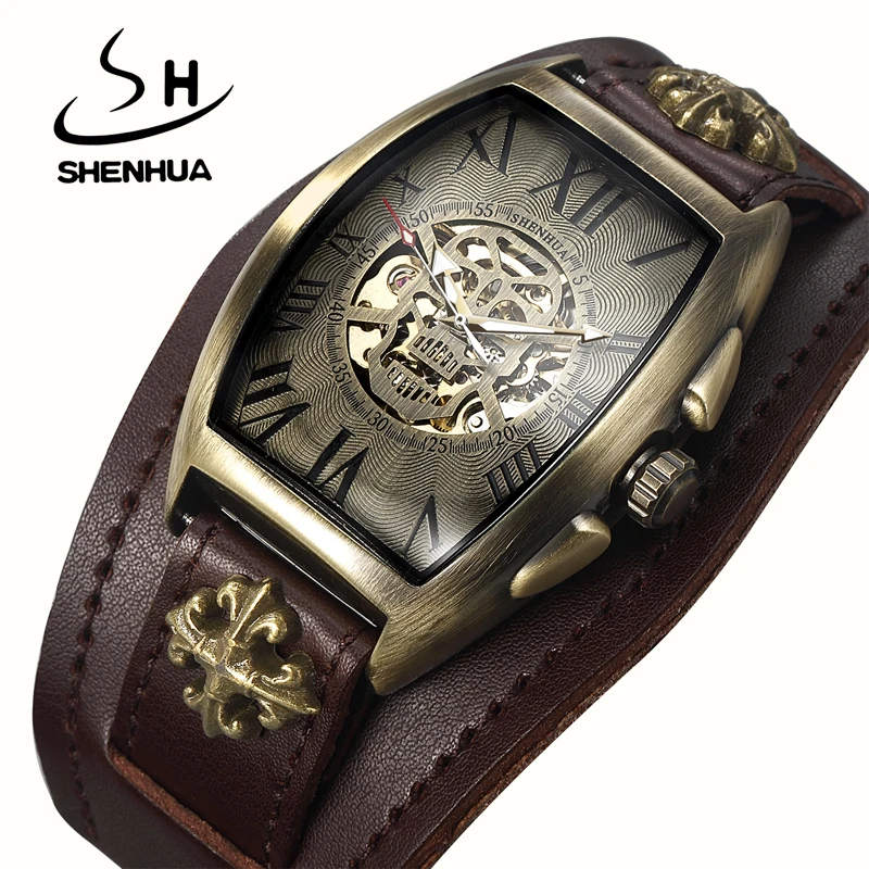 SHENHUA New Steampunk Style Men Skeleton Automatic Mechanical Watch Bronze Male Skull Clock Sport Military Wristwatch