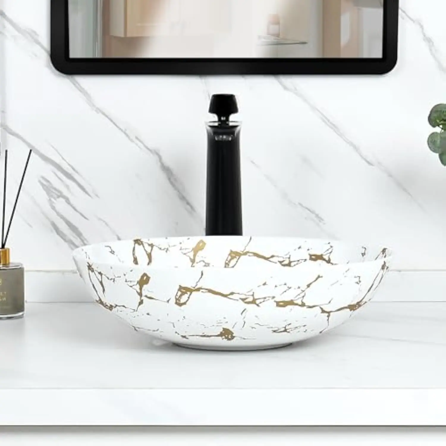 

Bathroom Vessel Sink, 16 x 16 Round Countertop Bathroom Sink Bowl Basin, Porcelain Ceramic Round Vessel Sink with Pop-Up Drain