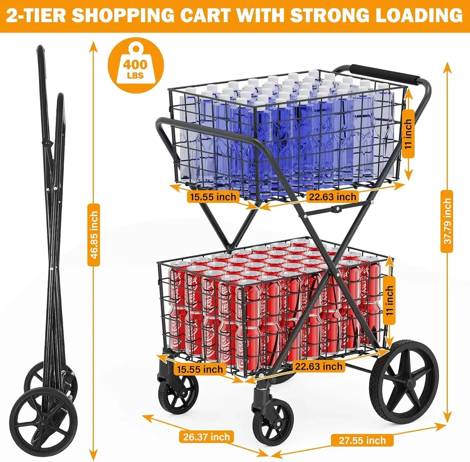 Shopping Cart for Groceries, 400Lbs Grocery Cart with 2 Removable Storage Baskets, 360° Rolling Swivel Wheels, Waterproof Liner,