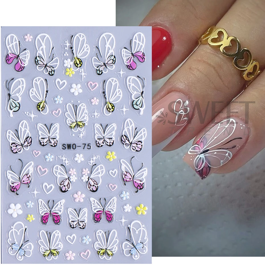 3D Lace Butterfly Design Nail Art Stickers Butterfly Daisy Petals Self Adhesive Sliders Decals DIY Spring Summer Manicure Decor