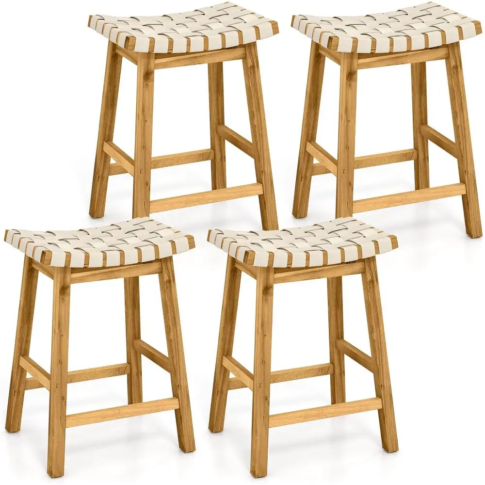 

Stools Set of 4, 25.5-inch Counter Height Chairs with PU Leather Woven Seat & Solid Wood Legs, for Bar or Dining Room, Kitchen,