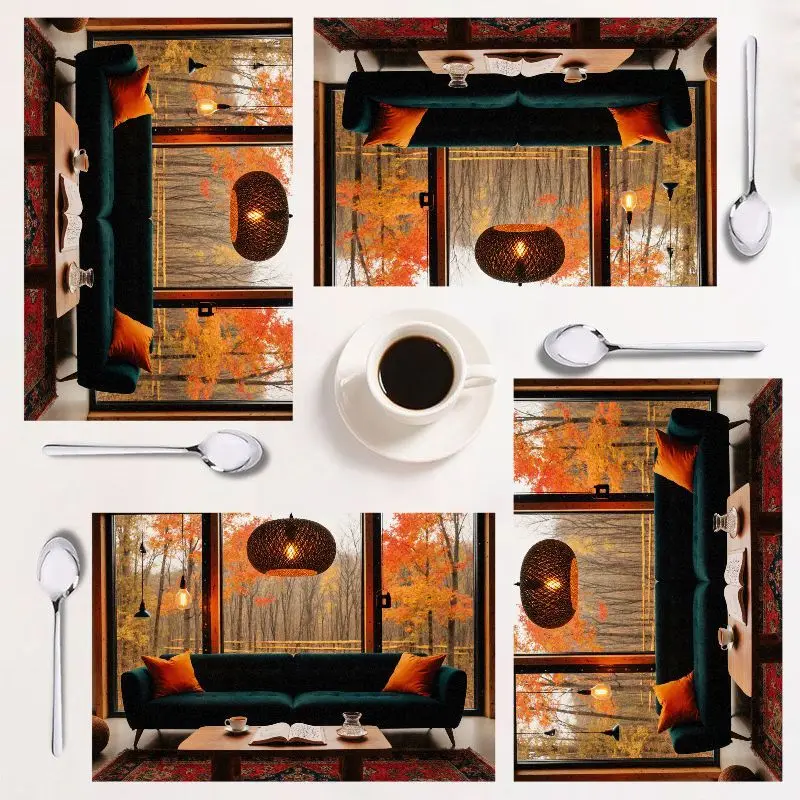 

4-piece dining mat set, rustic autumn design, easy to clean, rectangular home decor, perfect for festive gatherings.