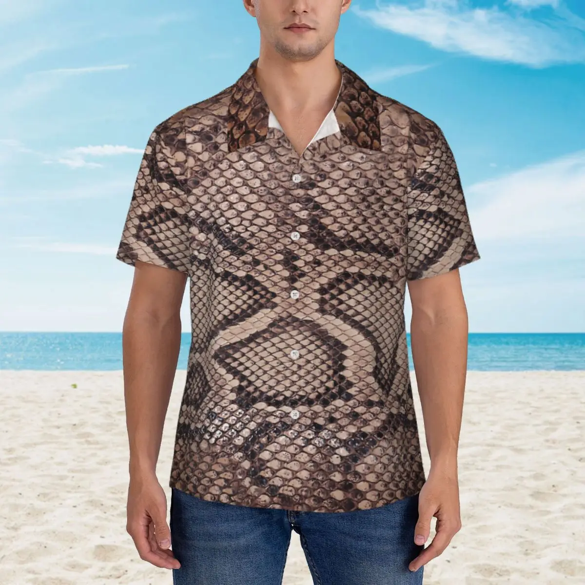 Brown Snakeskin Beach Shirt Animal Print Summer Casual Shirts Men Vintage Blouses Short Sleeve Stylish Custom Clothing