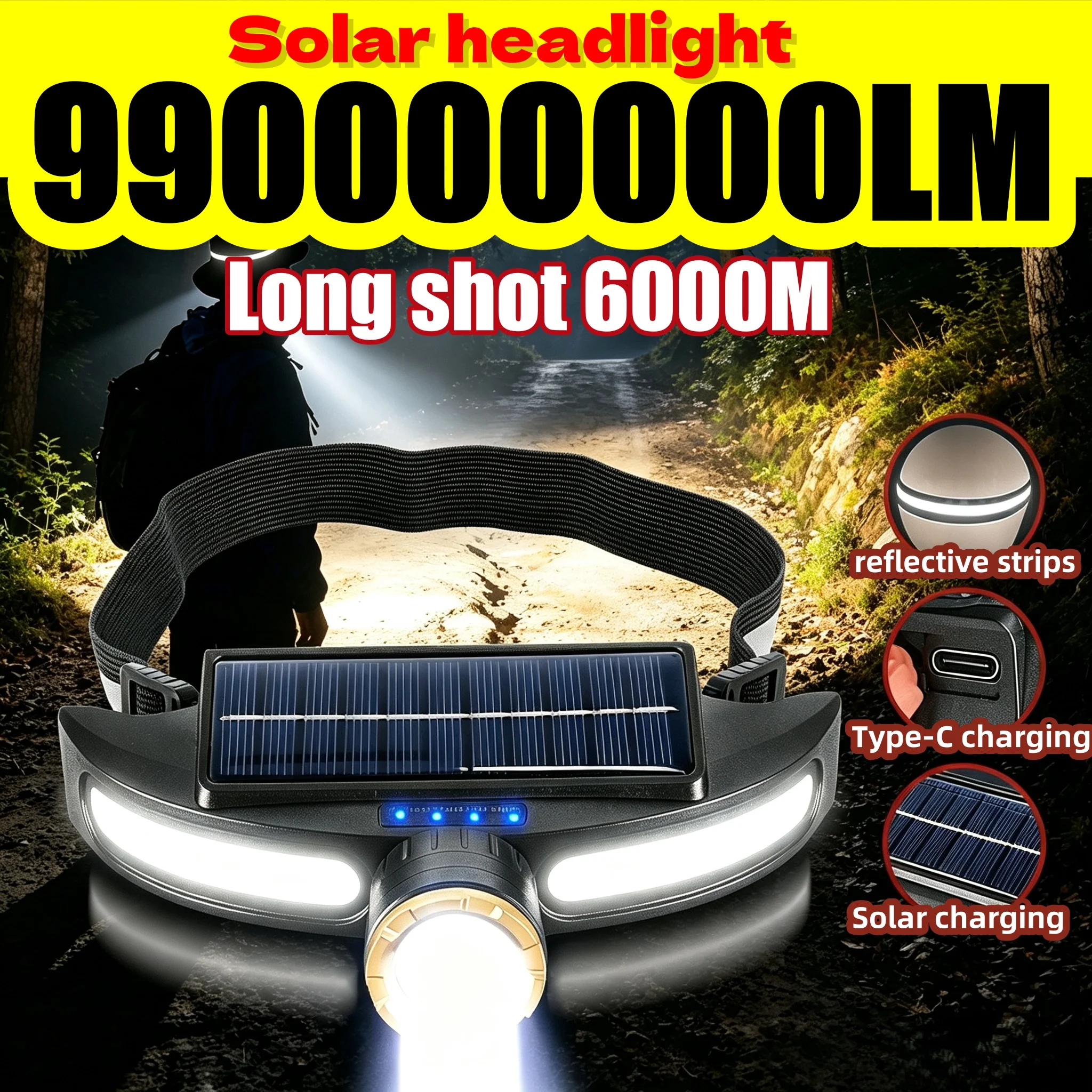 2026 New Solar Headlamp Long Shot 6000M USB Rechargeable Zoomable LED Headlight Waterproof for Outdoor Camping Hiking Fishing