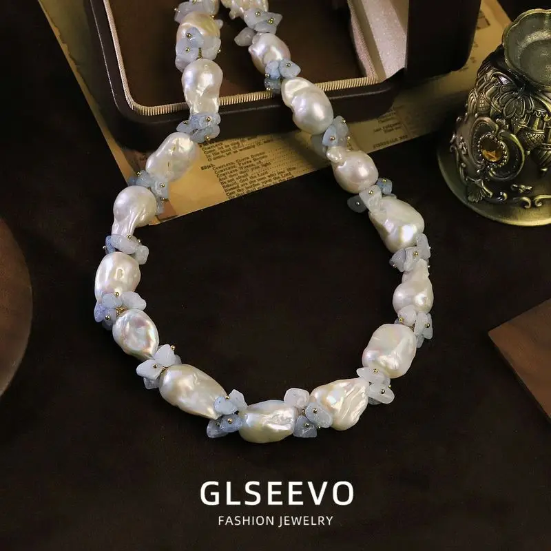 Natural Baroque Pearl And Aquamarine Necklace, A Versatile Clavicle Chain Women