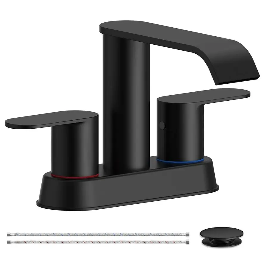 

Matte Black Bathroom Faucets Waterfall 4 Inch Centerset Bathroom Sink Faucet Stainless Steel with Pop up Sink Drain Stopper Supp