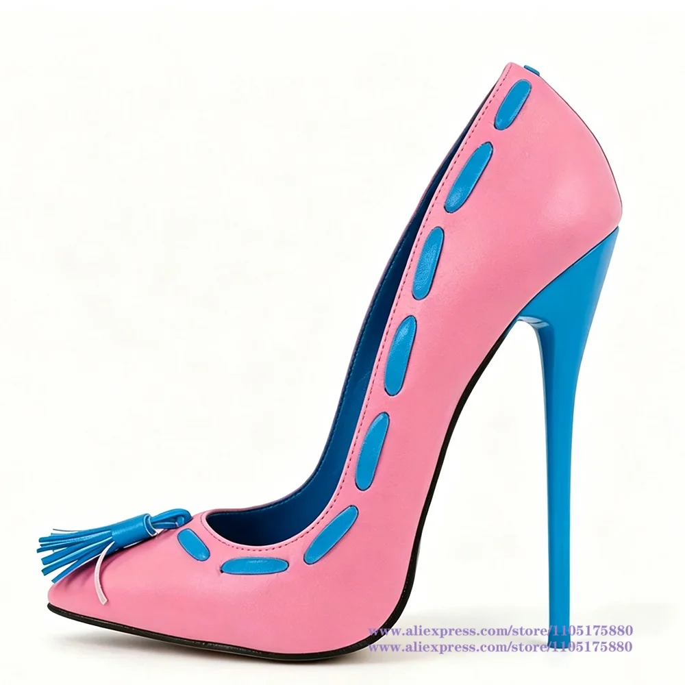 Rosa & Blaue Zweifarbige Spitze Stiletto-Pumps mit Quastendetail Farbblock High Heels für Damen Sandalias De Mujer Verano