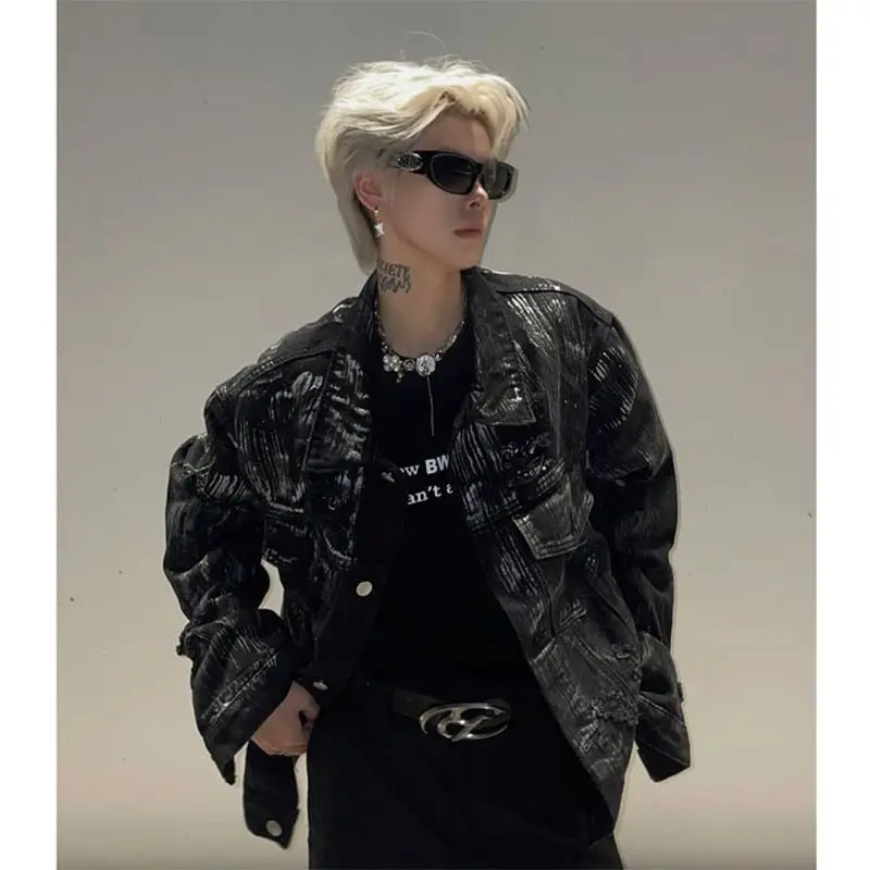 Men's Graffiti Black Retro Punk Denim Jacket Y2k Autumn Cool Boys Street Cardigan Male 90s Single Breasted Long Sleeved Coat