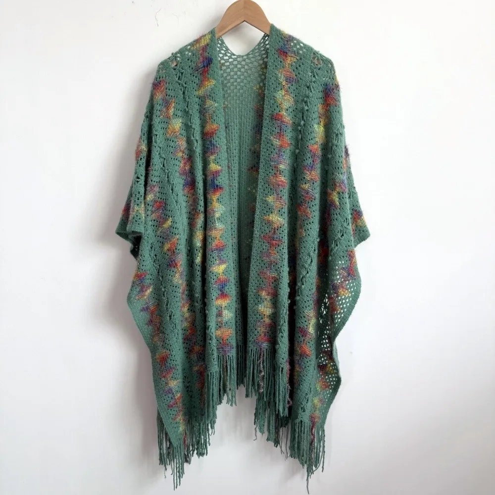 

Модная вязаная шаль в этническом стиле, зимняя теплая элегантная полосатая шаль с кисточками, монгольское пончо, женская мода