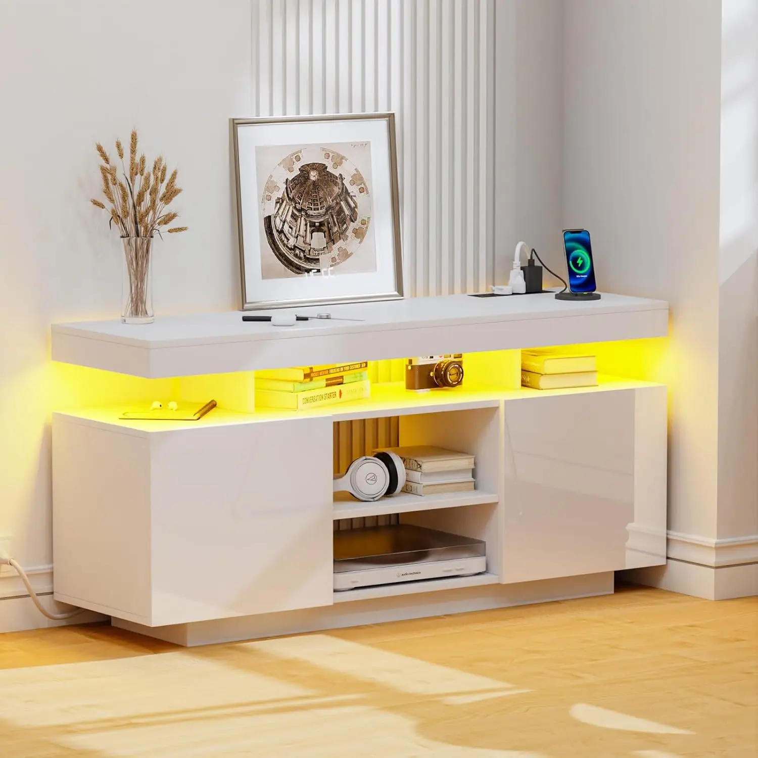 HOMMPA Modern LED TV Stand for 55/50/43/40/32 inch TV with Power Outlets, Gaming Console Storage Entertainment Center wi
